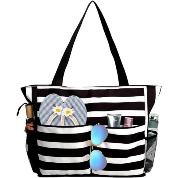 Stylish Black & White Striped Beach Tote Bag with Multiple Pockets - Picture 7 of 7